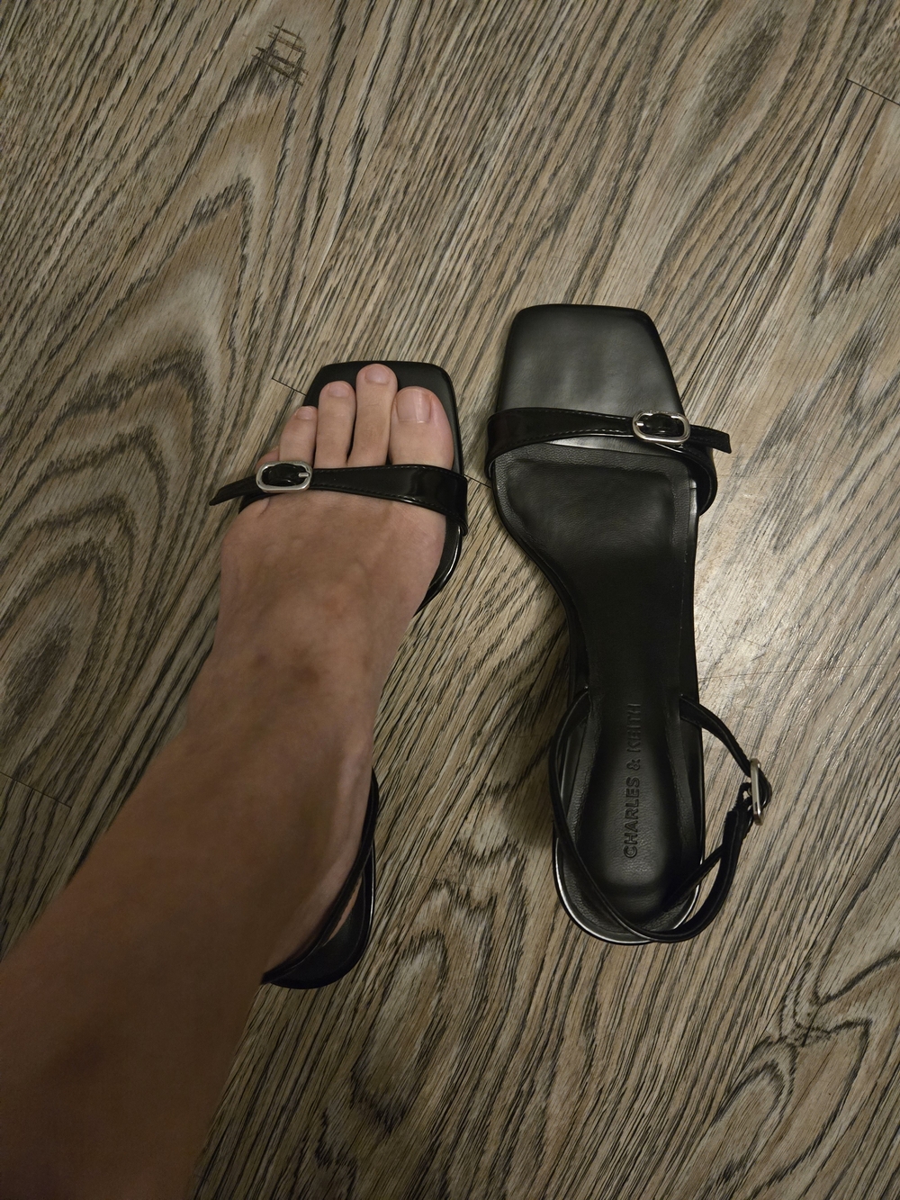 Charles & Keith Black Square-Toe Buckle Strap Sandals